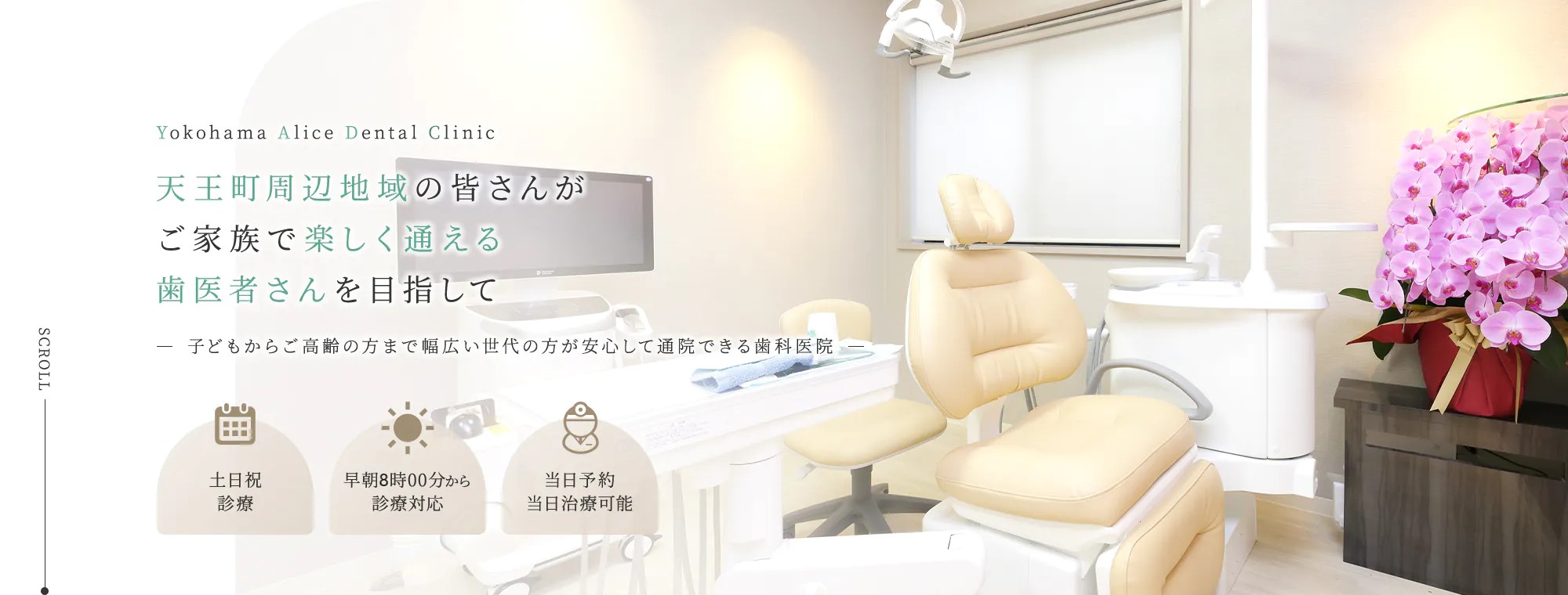 Yokohama Alice Dental Clinic 天王町周辺地域の皆さんがご家族で楽しく通える歯医者さんを目指して 子どもからご高齢の方まで幅広い世代の方が安心して通院できる歯科医院 土日祝診療/早朝7時30分から診療対応/セカンドオピニオン対応